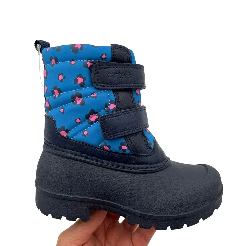 Carters Little Girls Slip on Warm‎ Snow Boots Size 12 Pink Navy Blue Adjustable